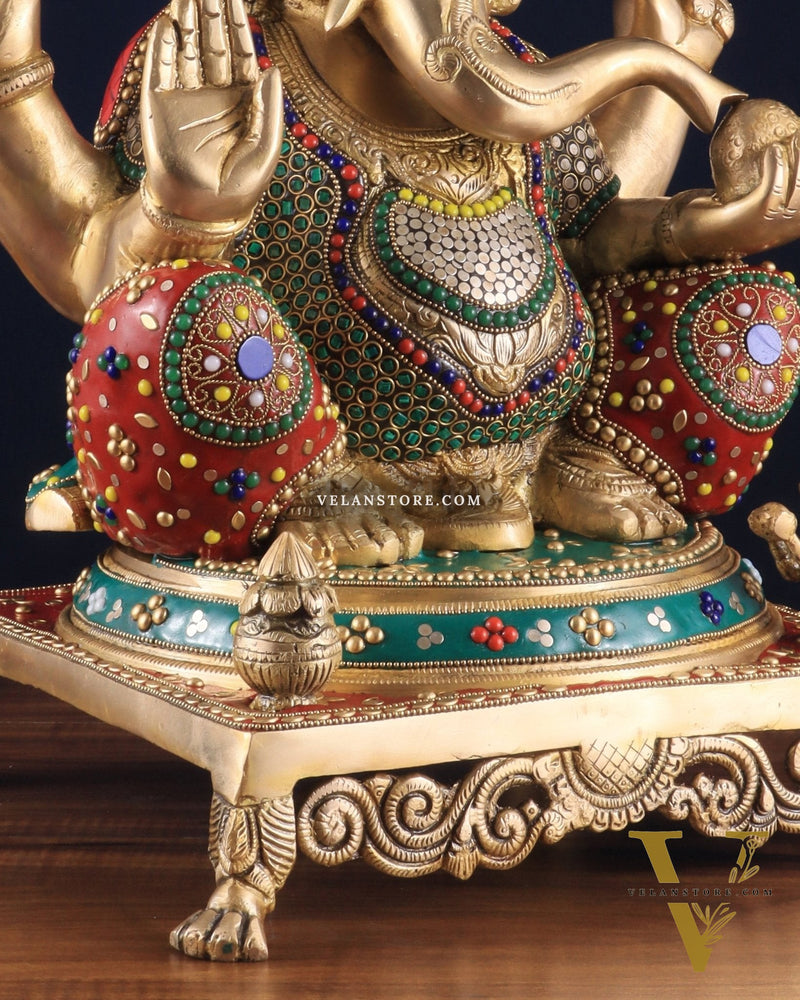 Pure Brass Lord Ganesha Idol - 18 inch Meenakari Stonework