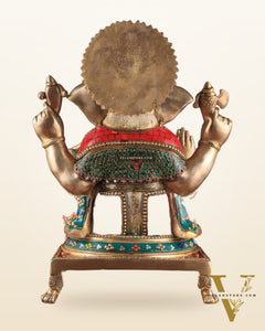 Pure Brass Lord Ganesha Idol - 18 inch Meenakari Stonework