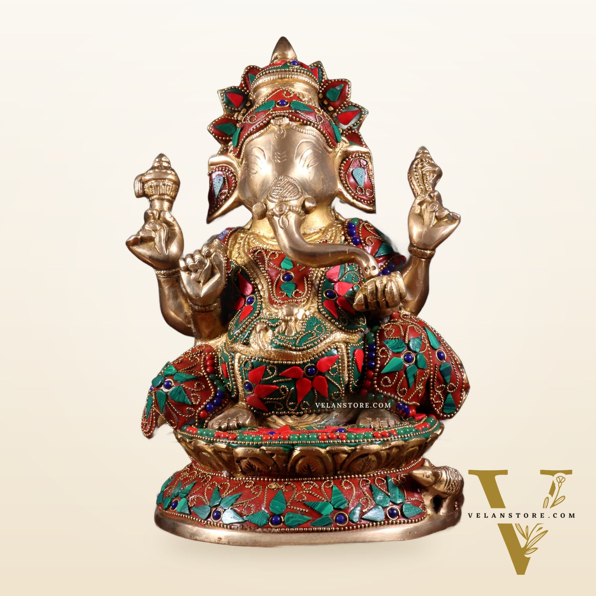 Pure Brass Lord Ganesha Idol – Intricate Floral Stonework (9.5 Inch)