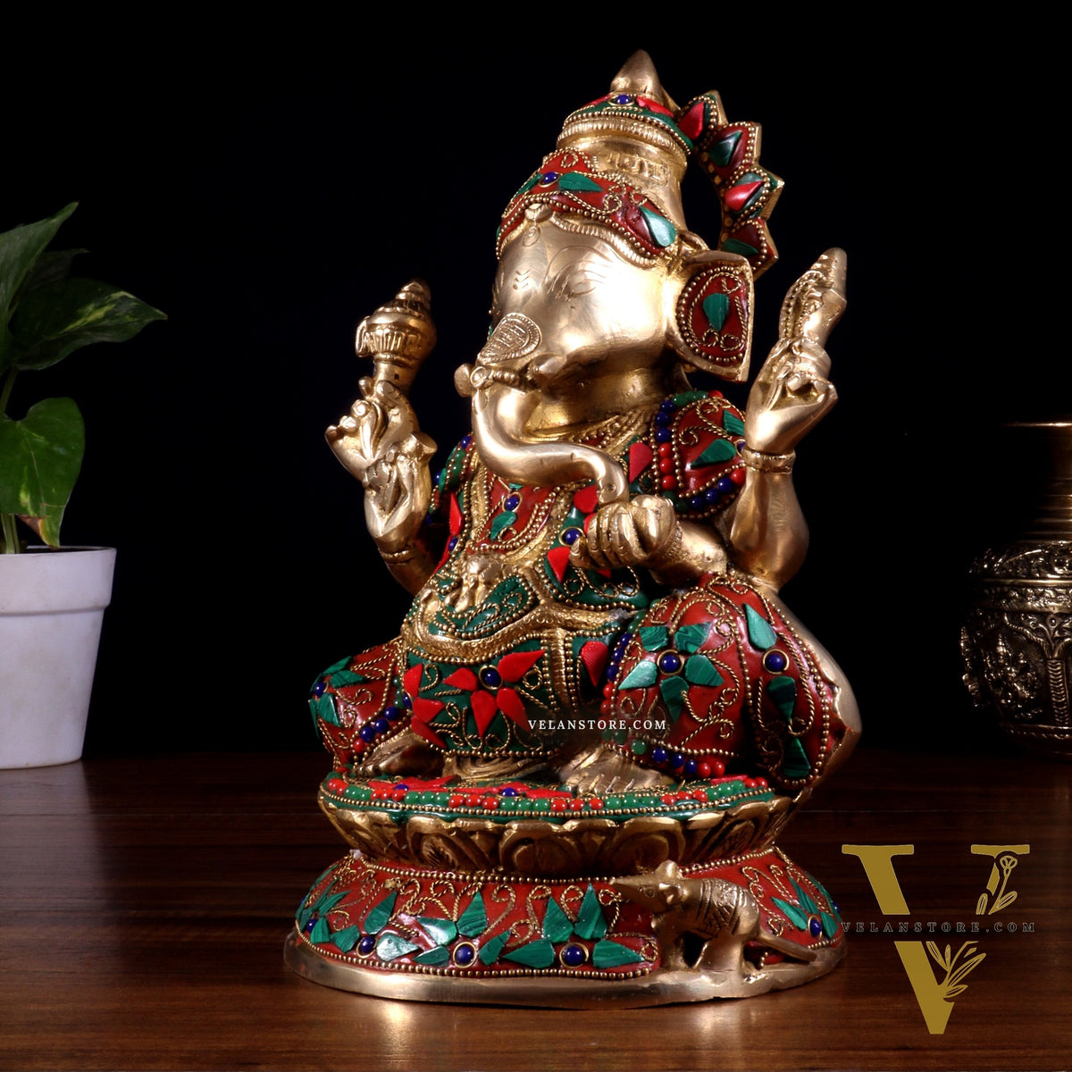 Pure Brass Lord Ganesha Idol – Intricate Floral Stonework (9.5 Inch)