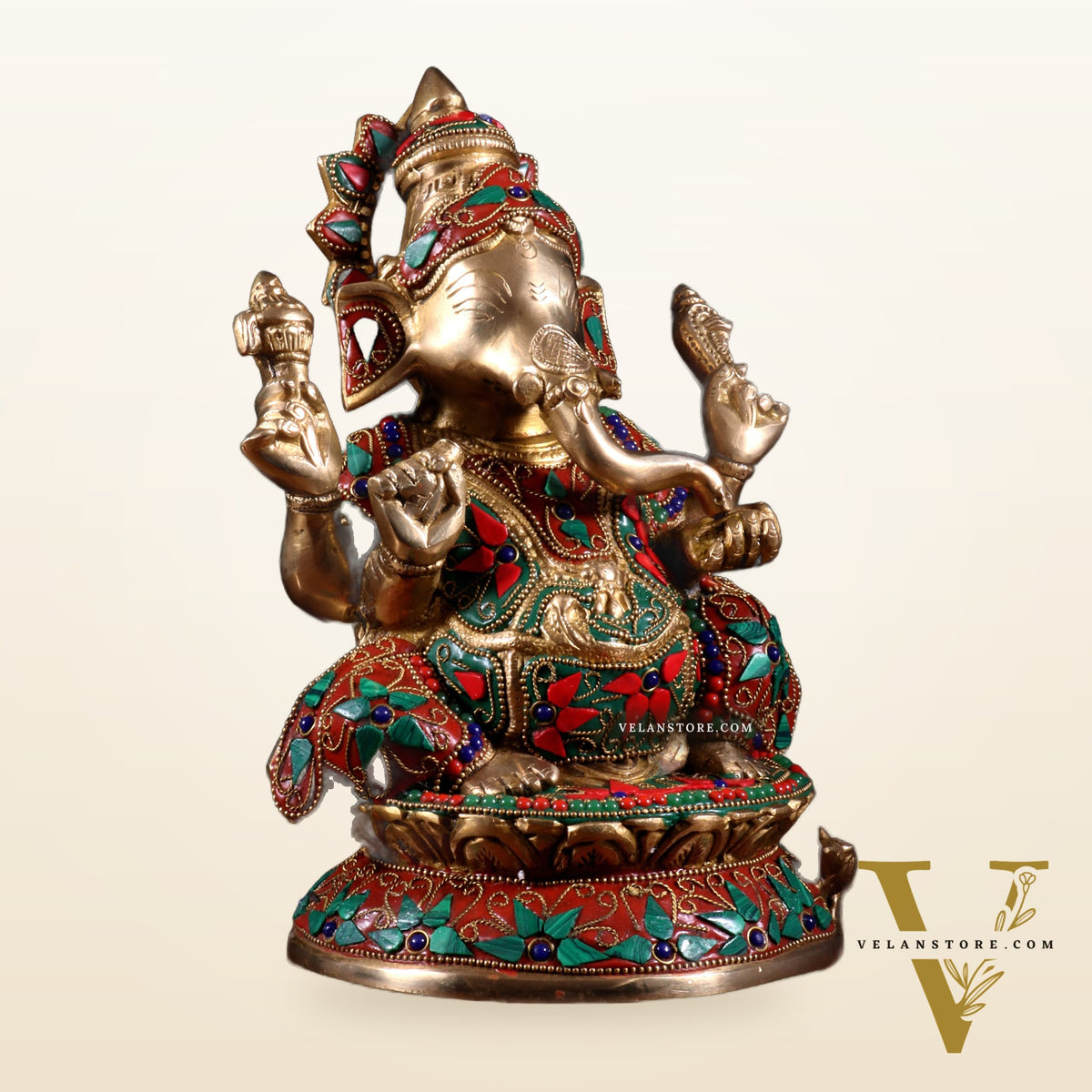 Pure Brass Lord Ganesha Idol – Intricate Floral Stonework (9.5 Inch)