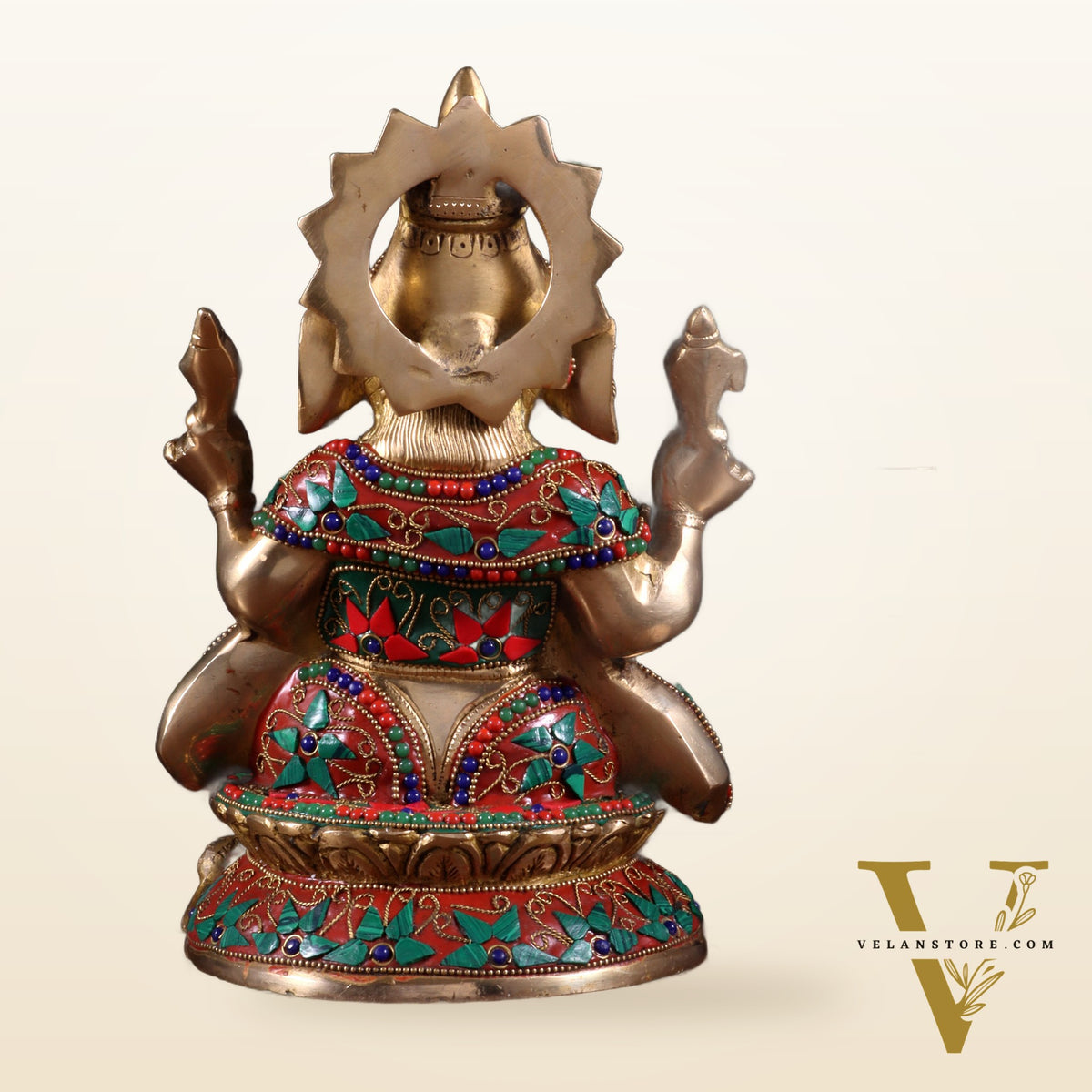 Pure Brass Lord Ganesha Idol – Intricate Floral Stonework (9.5 Inch)