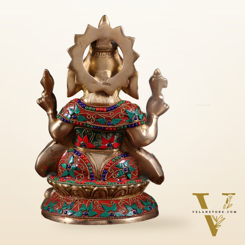 Pure Brass Lord Ganesha Idol – Intricate Floral Stonework (9.5 Inch)