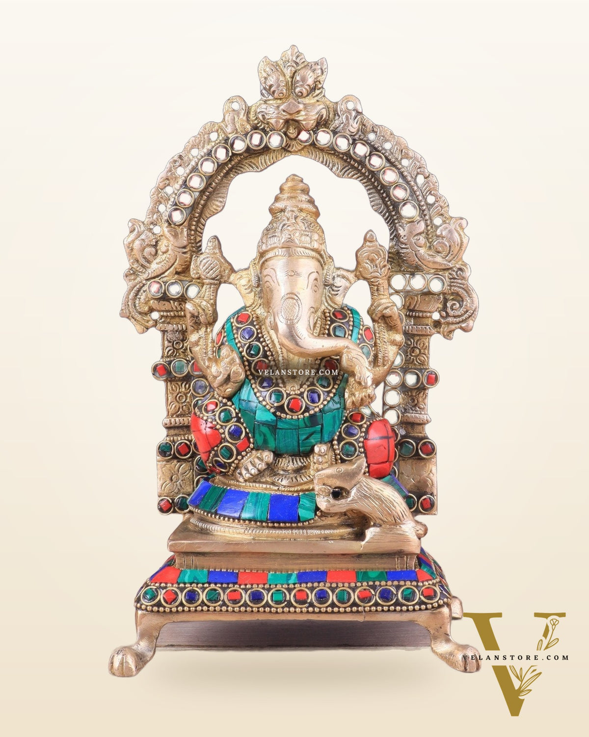 Pure Brass Lord Ganesha Idol | Meenakari Stonework 8"