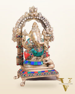 Pure Brass Lord Ganesha Idol | Meenakari Stonework 8"
