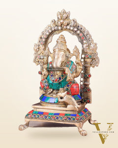 Pure Brass Lord Ganesha Idol | Meenakari Stonework 8"