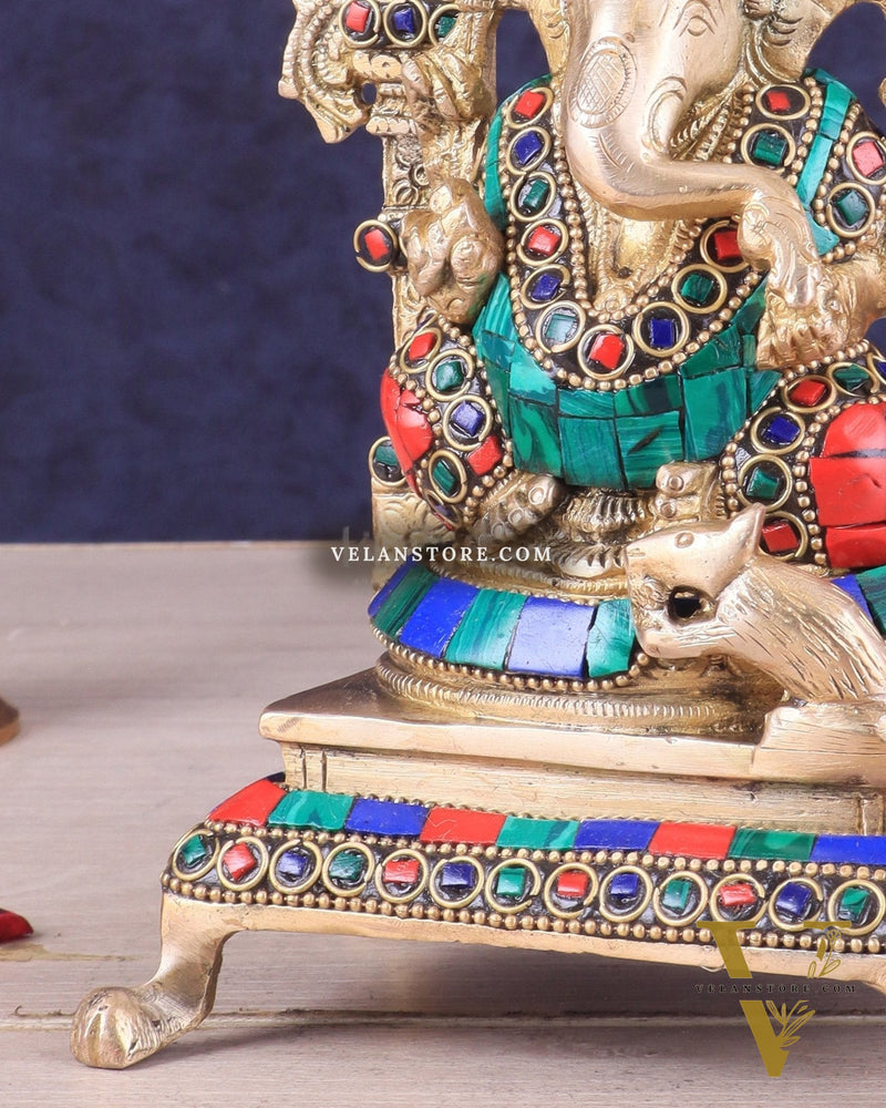 Pure Brass Lord Ganesha Idol | Meenakari Stonework 8"