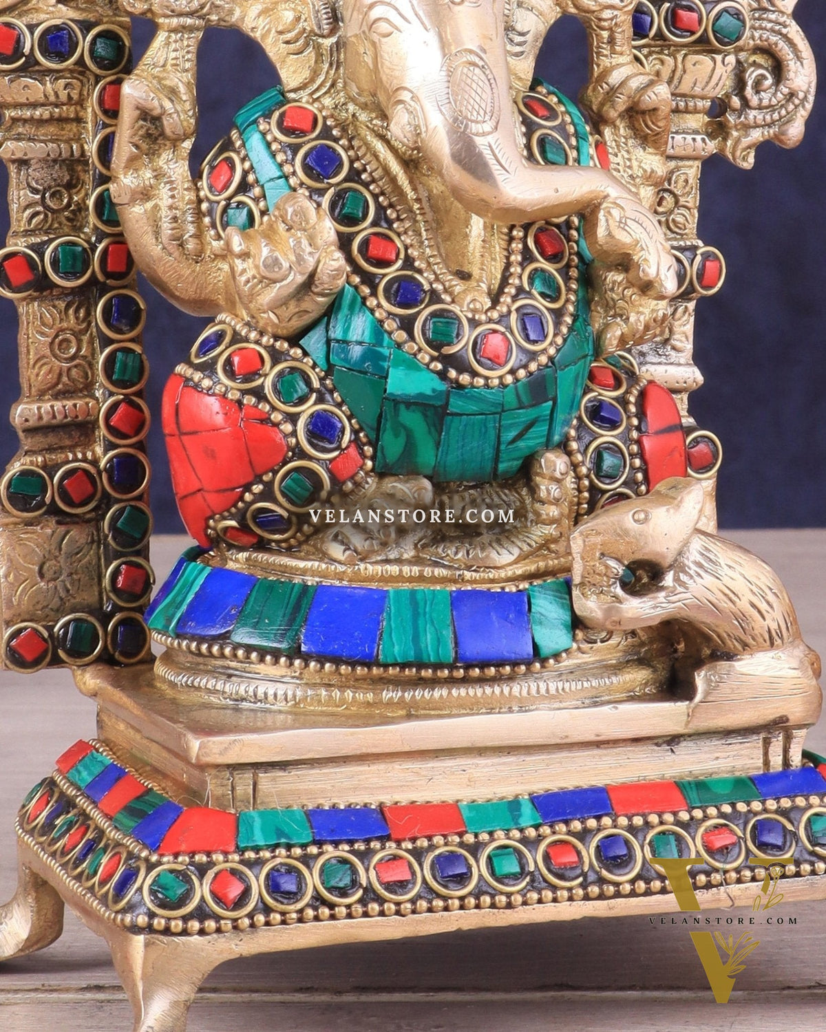 Pure Brass Lord Ganesha Idol | Meenakari Stonework 8"