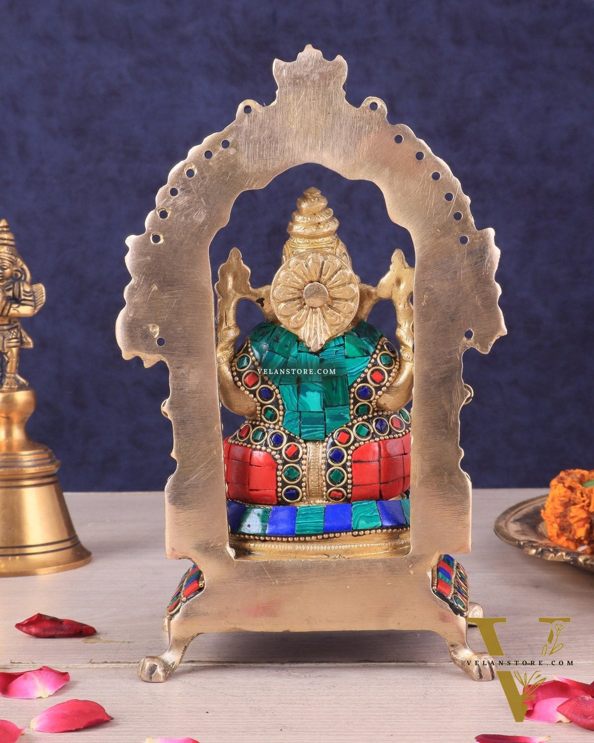 Pure Brass Lord Ganesha Idol | Meenakari Stonework 8"