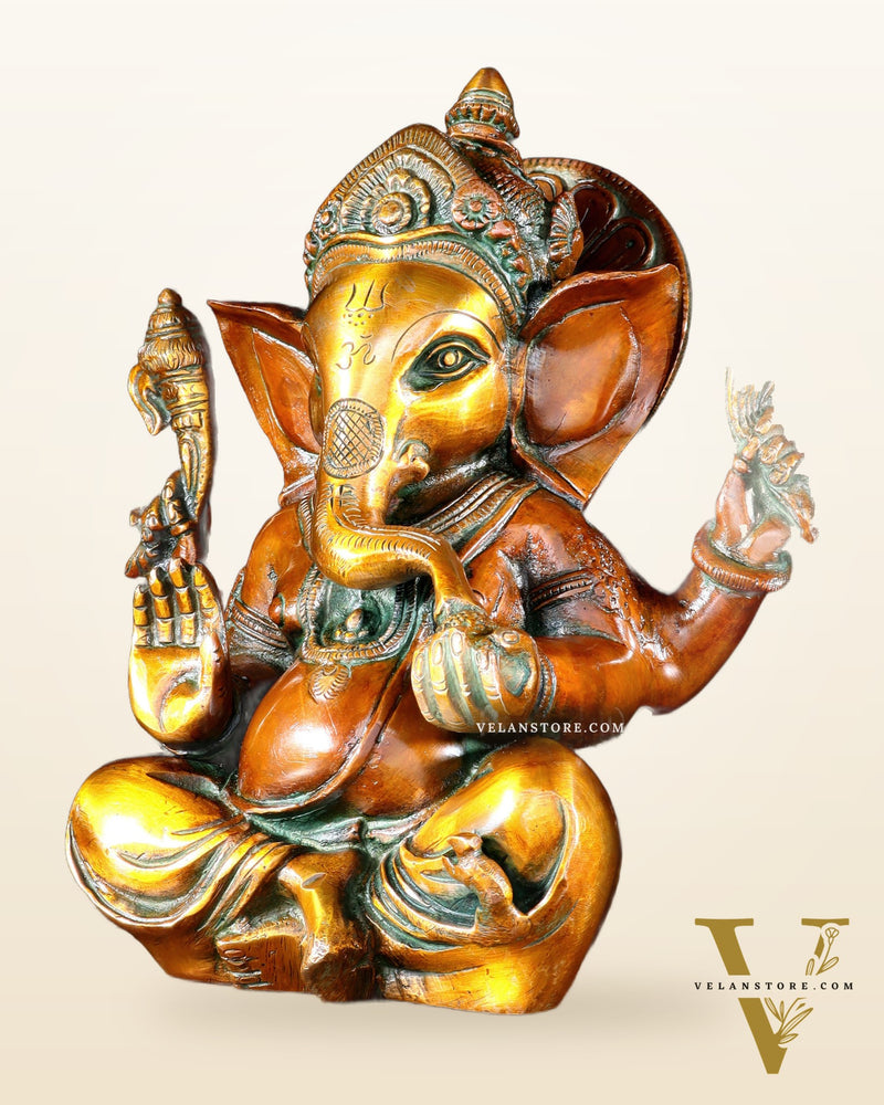 Pure Brass Lord Ganesha Idol – Vintage Finish 8"