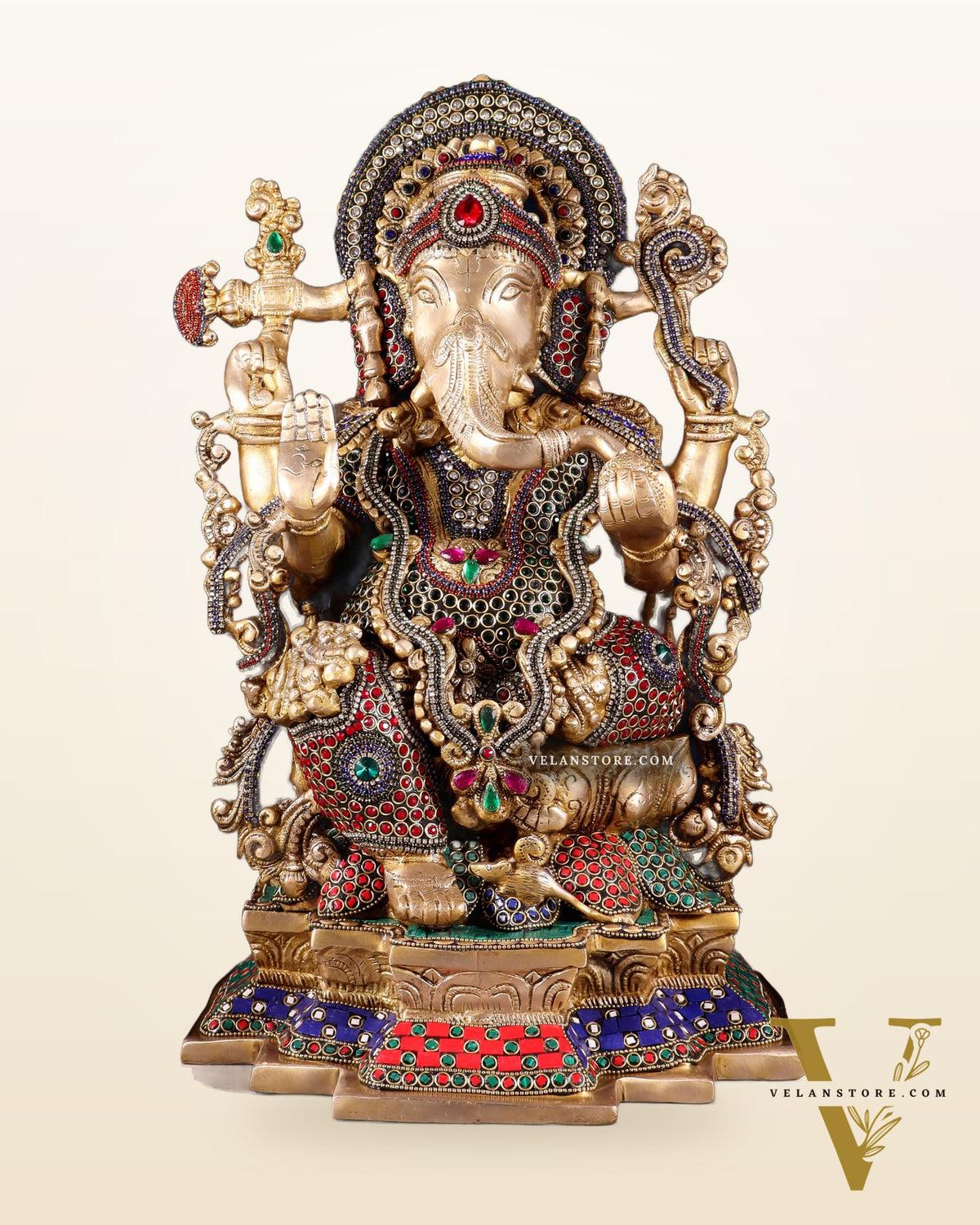 Pure Brass Lord Ganesha Idol with Jewellers Meenakari 18"