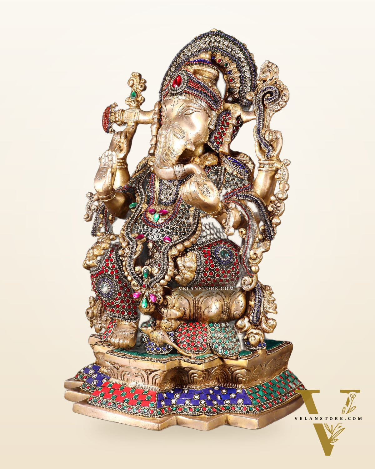 Pure Brass Lord Ganesha Idol with Jewellers Meenakari 18"