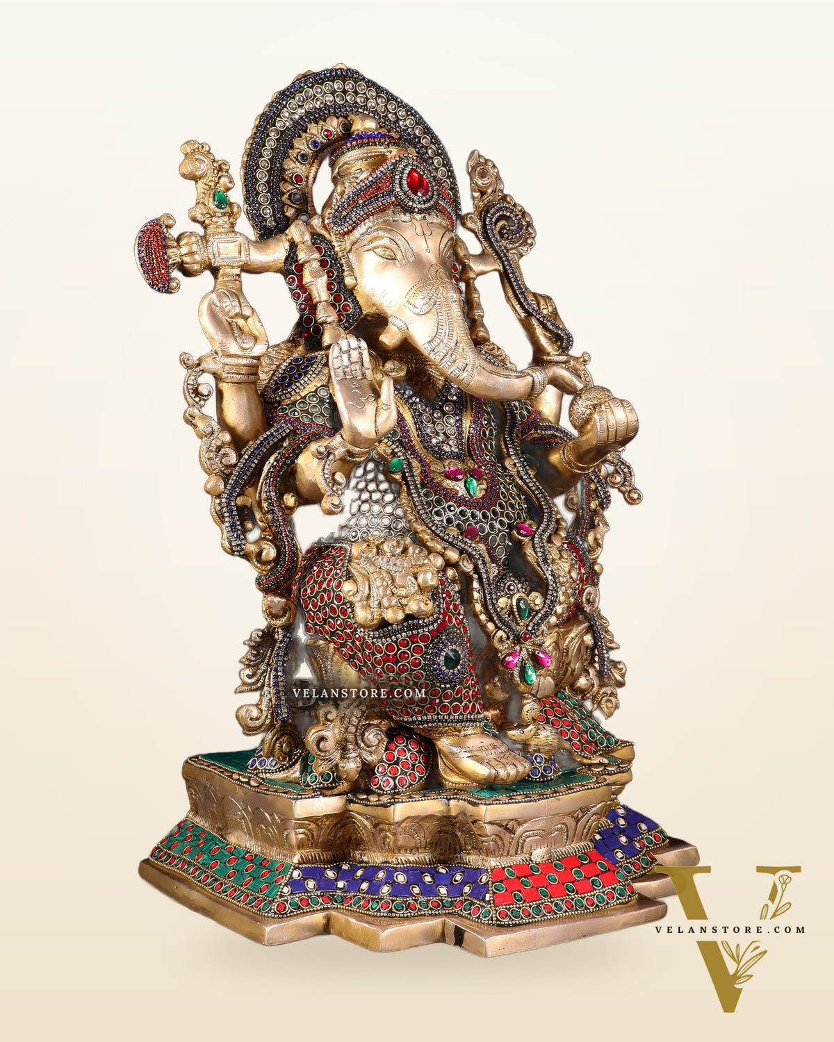 Pure Brass Lord Ganesha Idol with Jewellers Meenakari 18"