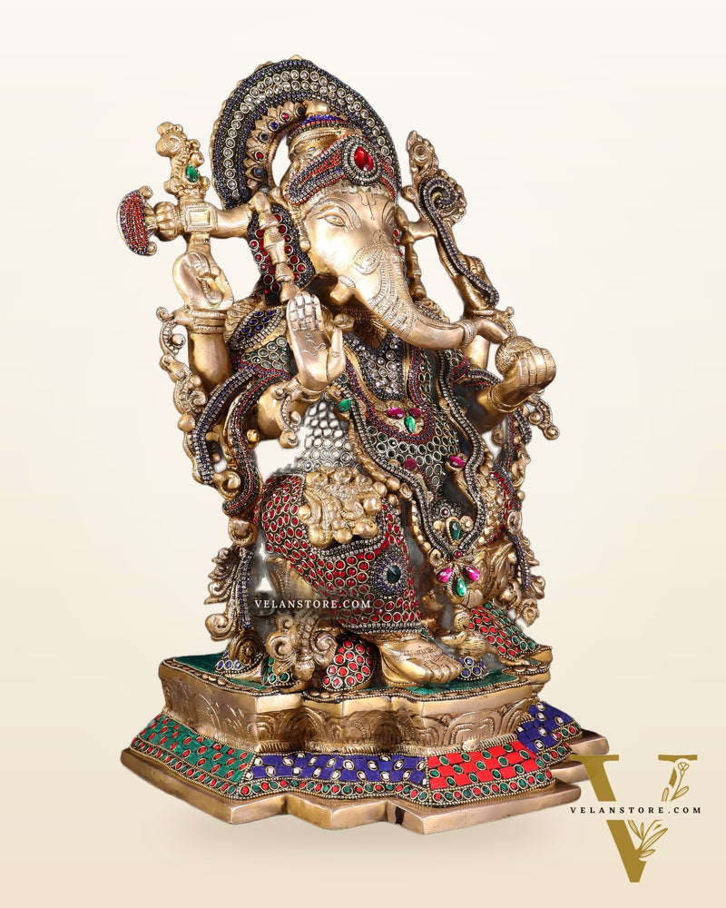 Pure Brass Lord Ganesha Idol with Jewellers Meenakari 18"