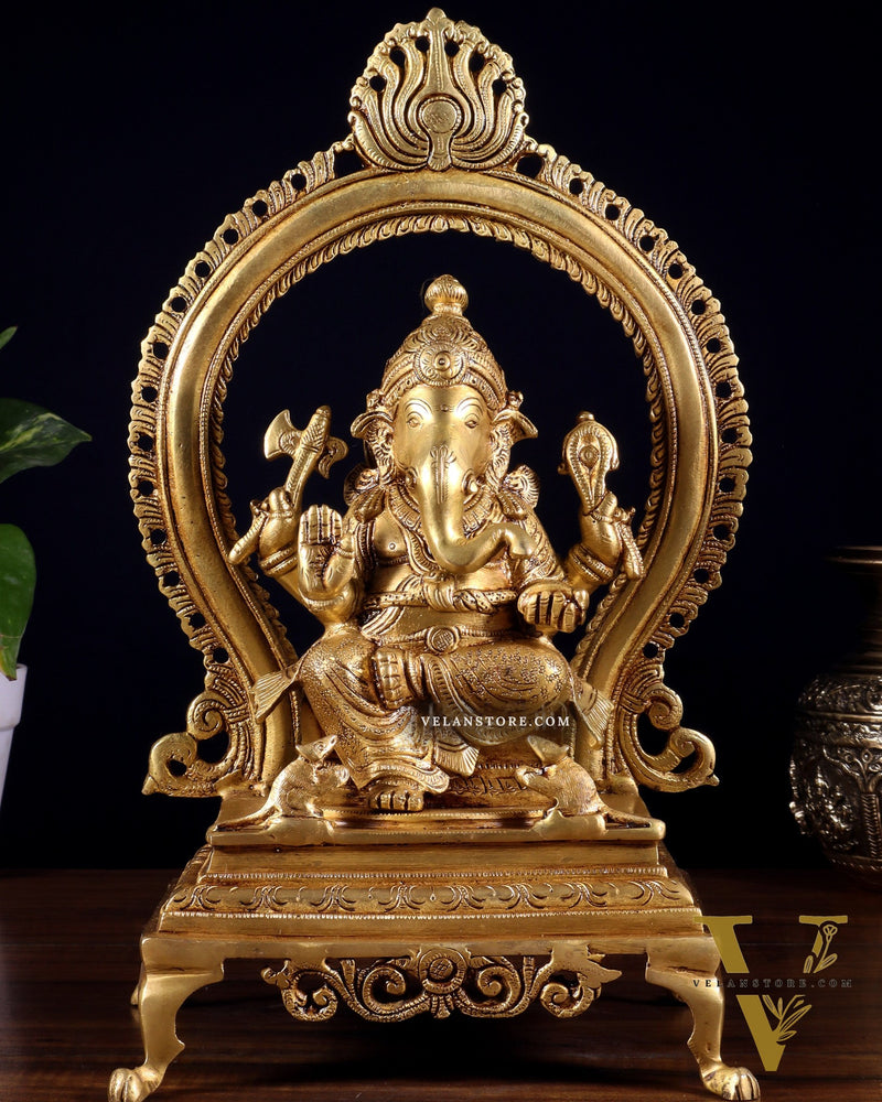 Pure Brass Lord Ganesha Idol with Prabhavali | 13 Inch