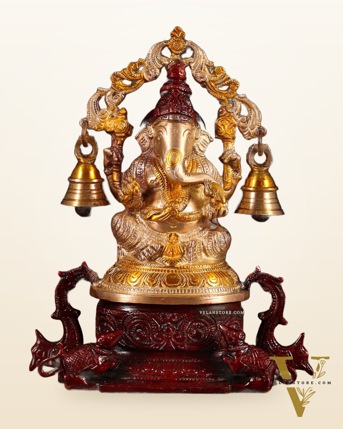 Pure Brass Lord Ganesha Idol with Prabhavali, Vahan & Hanging Bells – Dual Tone 8.2"