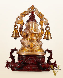 Pure Brass Lord Ganesha Idol with Prabhavali, Vahan & Hanging Bells – Dual Tone 8.2"