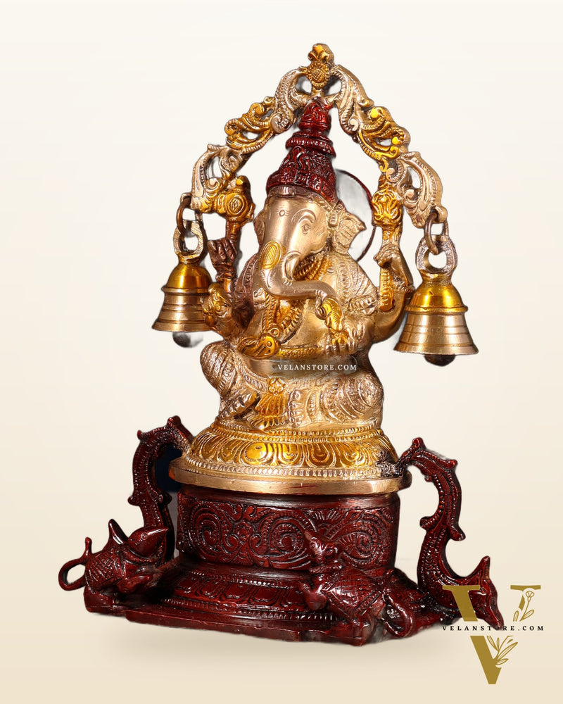Pure Brass Lord Ganesha Idol with Prabhavali, Vahan & Hanging Bells – Dual Tone 8.2"