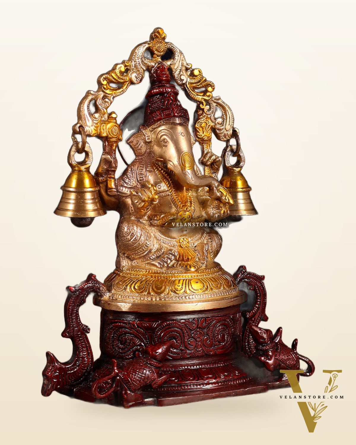 Pure Brass Lord Ganesha Idol with Prabhavali, Vahan & Hanging Bells – Dual Tone 8.2"
