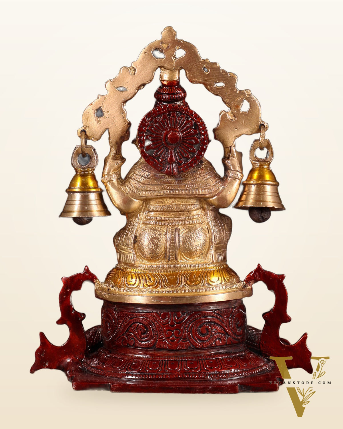 Pure Brass Lord Ganesha Idol with Prabhavali, Vahan & Hanging Bells – Dual Tone 8.2"