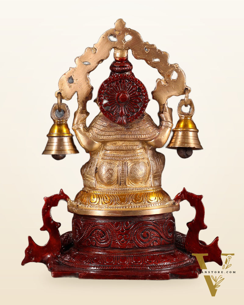 Pure Brass Lord Ganesha Idol with Prabhavali, Vahan & Hanging Bells – Dual Tone 8.2"