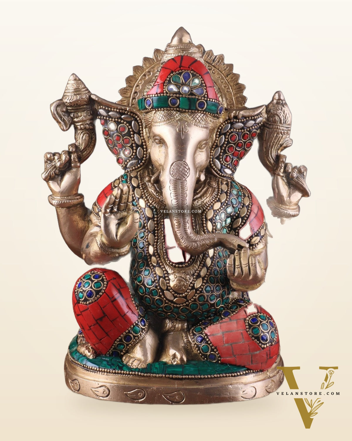 Pure Brass Lord Ganesha Idol with Stonework 9"
