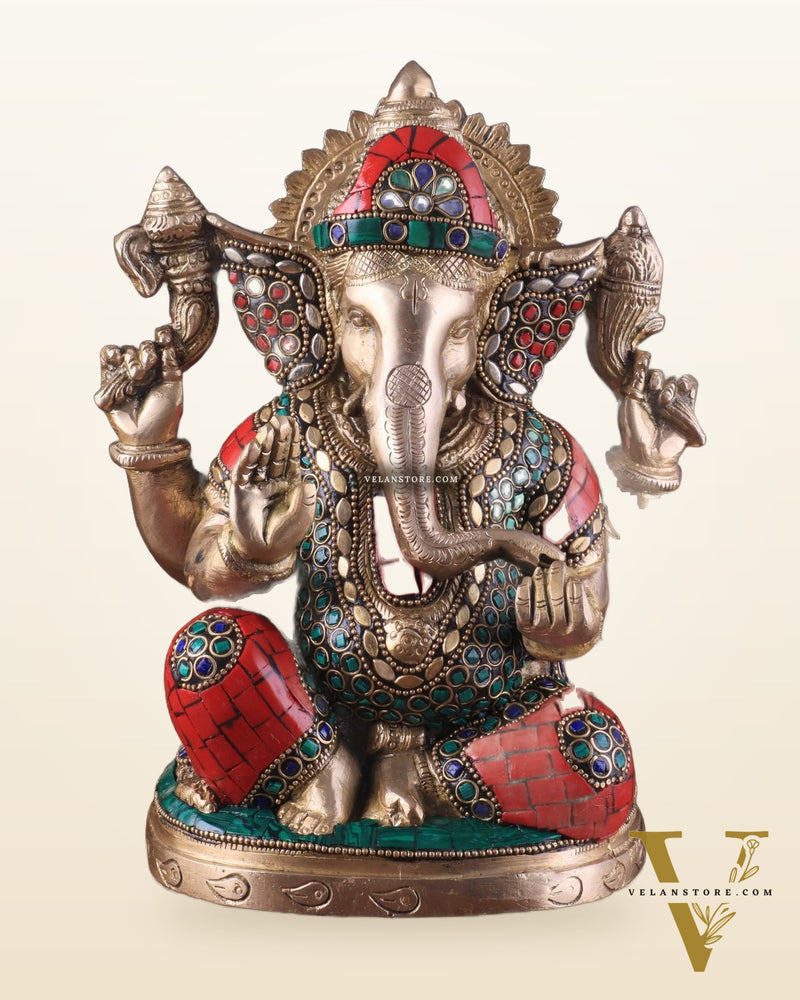 Pure Brass Lord Ganesha Idol with Stonework 9"