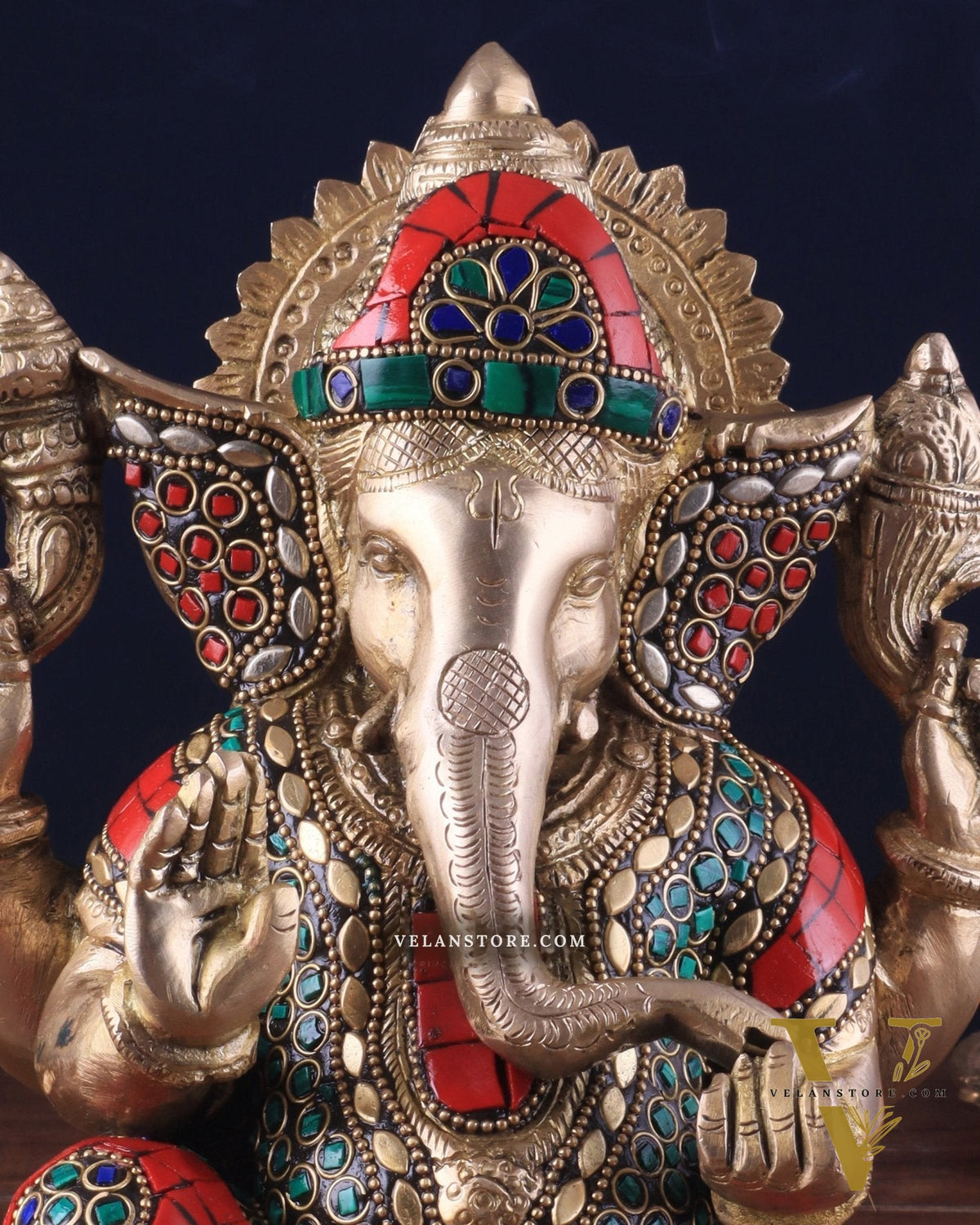 Pure Brass Lord Ganesha Idol with Stonework 9"