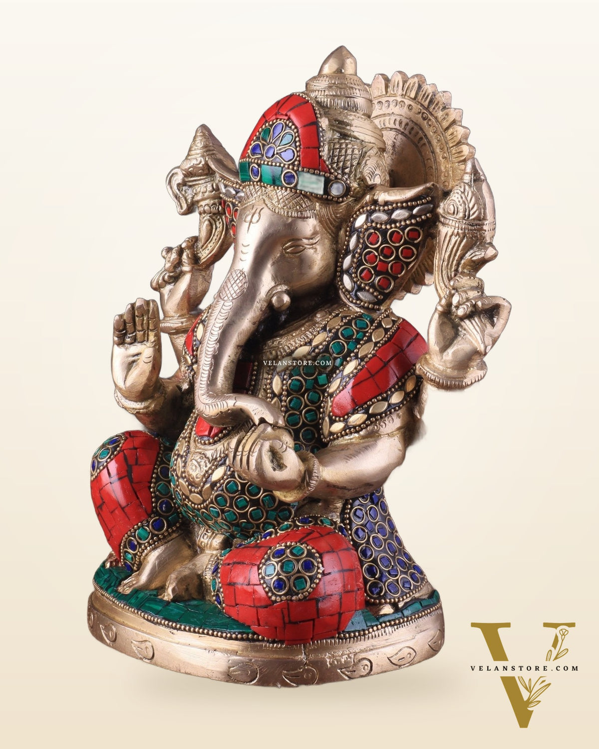 Pure Brass Lord Ganesha Idol with Stonework 9"