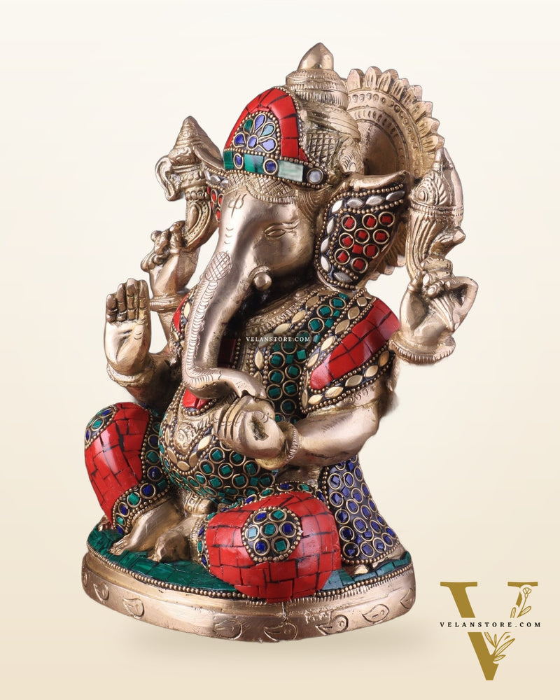 Pure Brass Lord Ganesha Idol with Stonework 9"