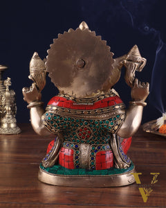 Pure Brass Lord Ganesha Idol with Stonework 9"
