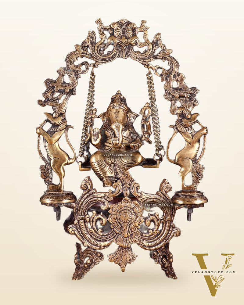 Pure Brass Lord Ganesha on a Swing Urli – Dual Tone Finish 20"