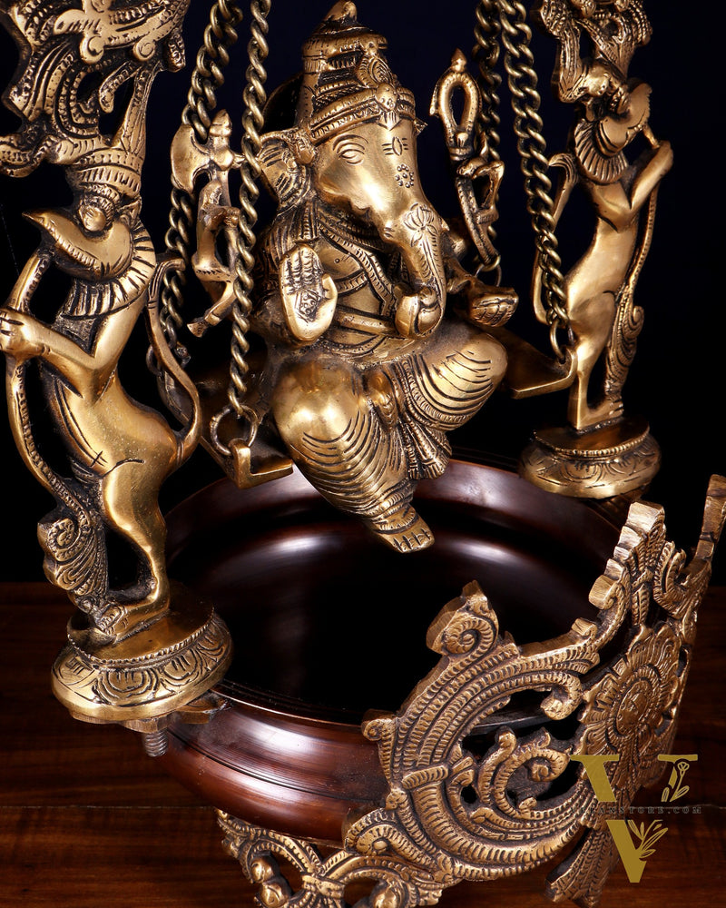 Pure Brass Lord Ganesha on a Swing Urli – Dual Tone Finish 20"
