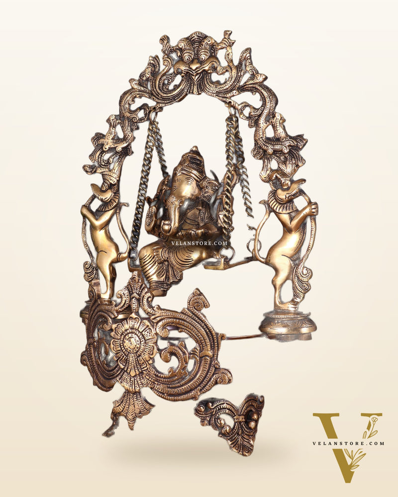 Pure Brass Lord Ganesha on a Swing Urli – Dual Tone Finish 20"