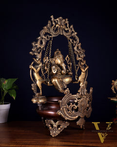 Pure Brass Lord Ganesha on a Swing Urli – Dual Tone Finish 20"
