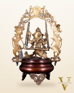 Pure Brass Lord Ganesha on a Swing Urli – Dual Tone Finish 20"