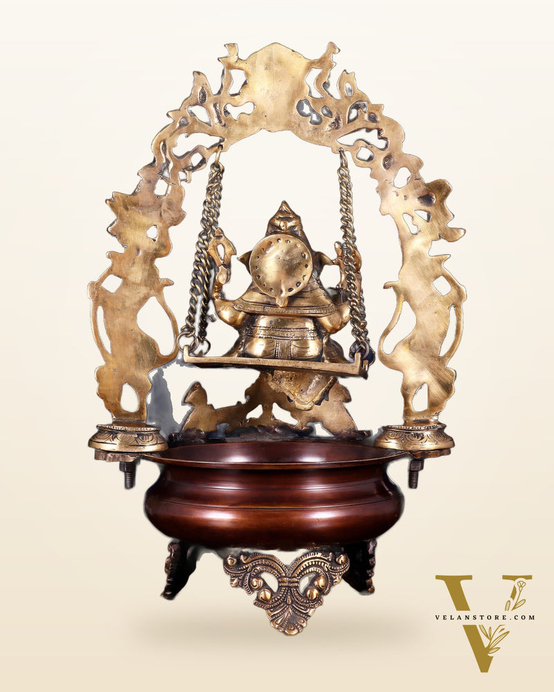 Pure Brass Lord Ganesha on a Swing Urli – Dual Tone Finish 20"