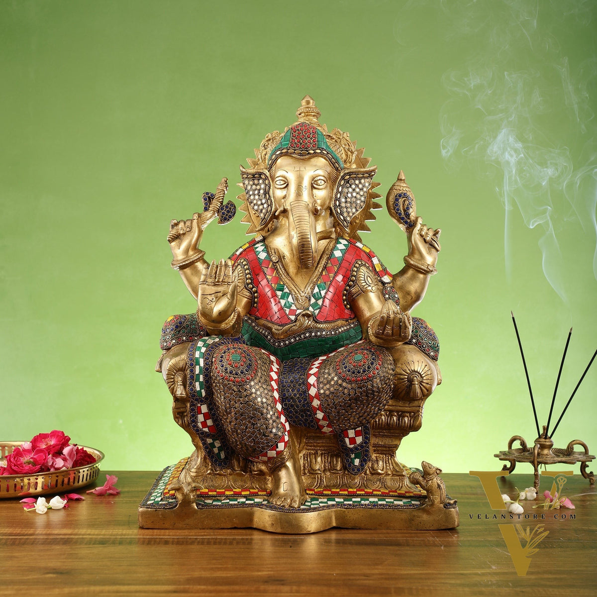 Pure Brass Lord Ganesha on Large Throne - Handcrafted Brass Murti, 20" Height