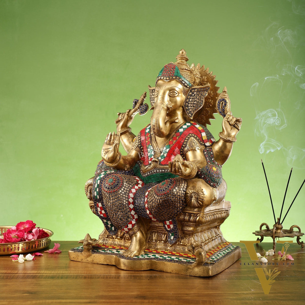 Pure Brass Lord Ganesha on Large Throne - Handcrafted Brass Murti, 20" Height