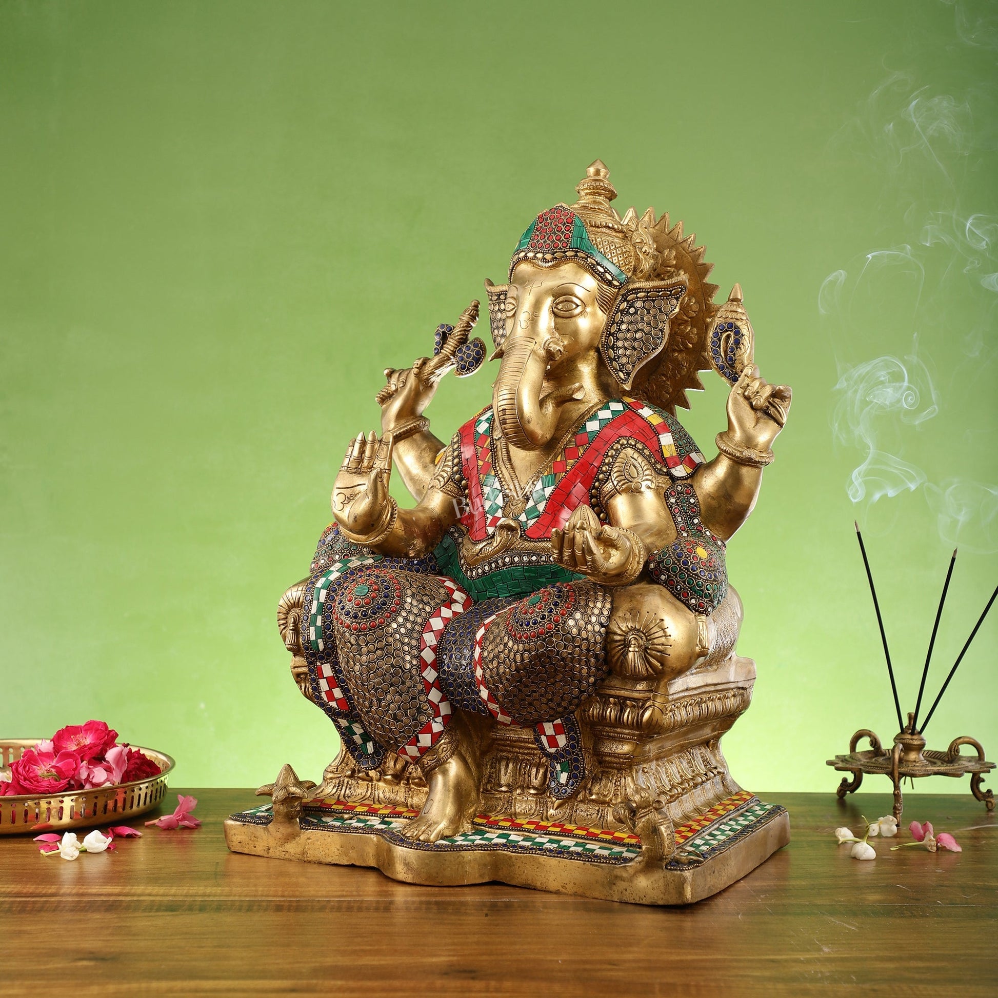 Pure Brass Lord Ganesha on Large Throne - Handcrafted Brass Murti, 20" Height