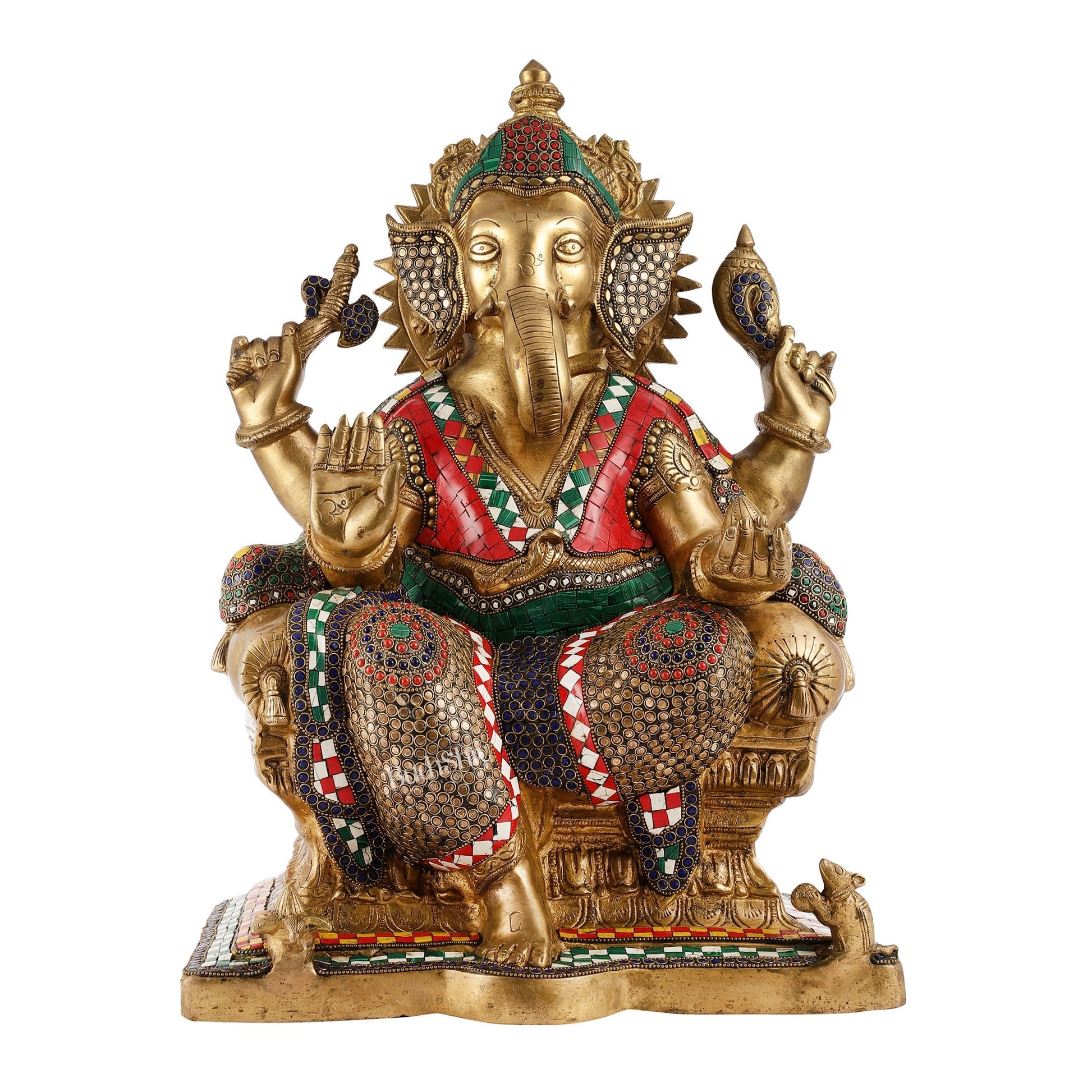 Pure Brass Lord Ganesha on Large Throne - Handcrafted Brass Murti, 20" Height