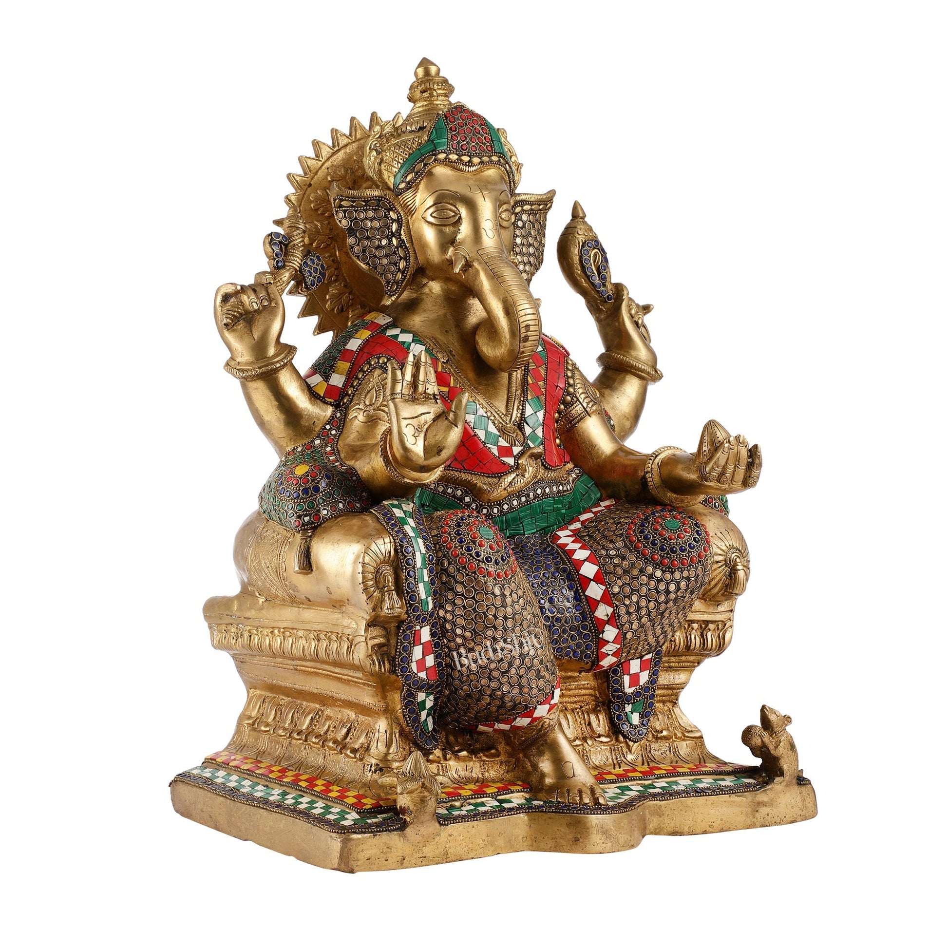 Pure Brass Lord Ganesha on Large Throne - Handcrafted Brass Murti, 20" Height