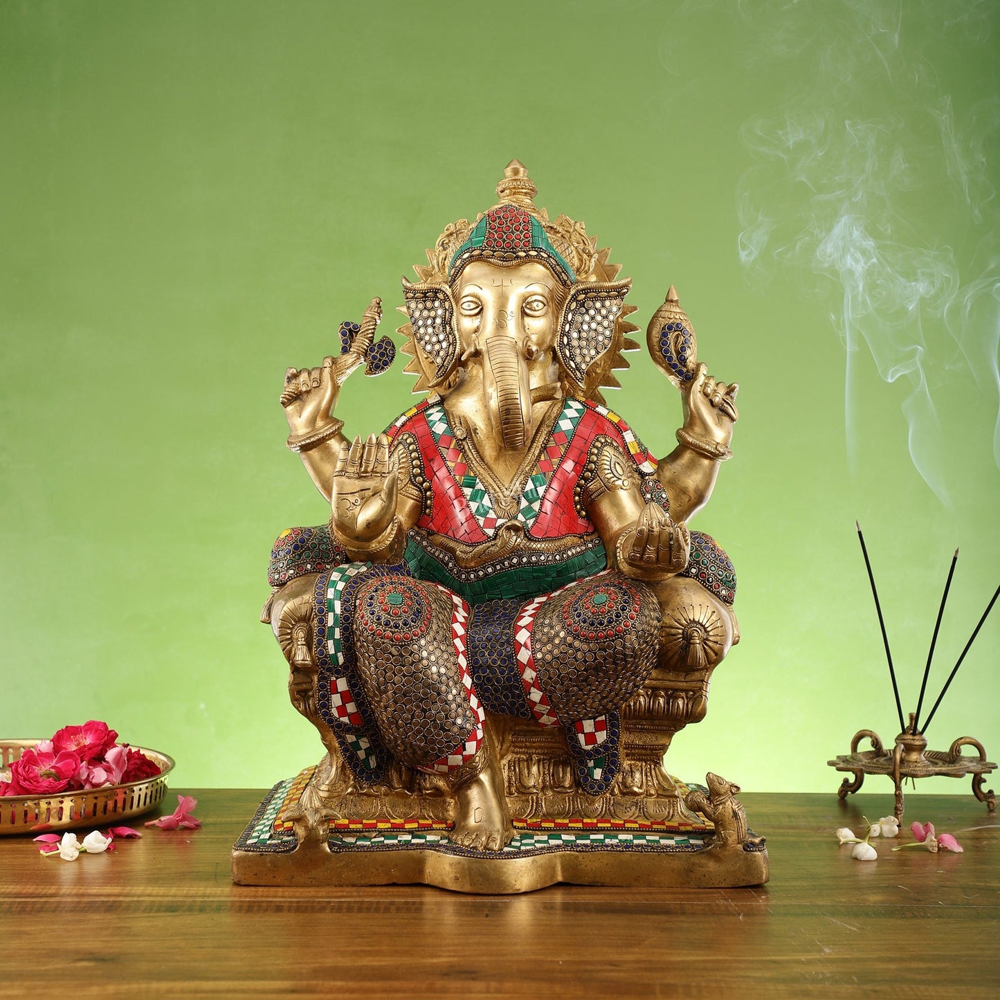 Pure Brass Lord Ganesha on Large Throne - Handcrafted Brass Murti, 20" Height