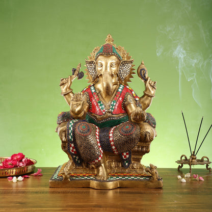Pure Brass Lord Ganesha on Large Throne - Handcrafted Brass Murti, 20" Height