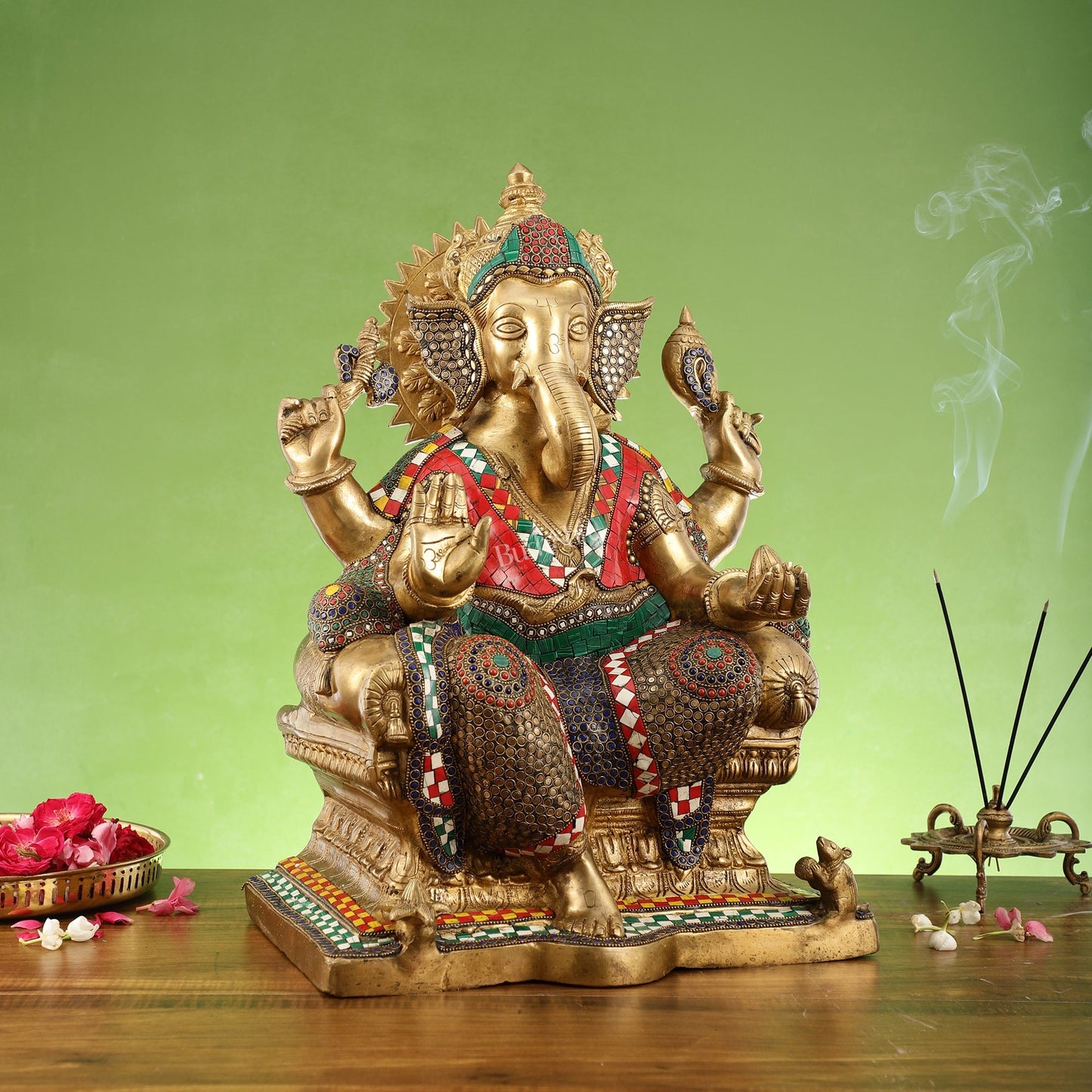 Pure Brass Lord Ganesha on Large Throne - Handcrafted Brass Murti, 20" Height