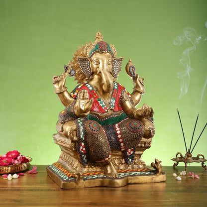 Pure Brass Lord Ganesha on Large Throne - Handcrafted Brass Murti, 20" Height