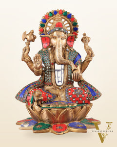 Pure Brass Lord Ganesha on Lotus statue | 11 Inch meenakari