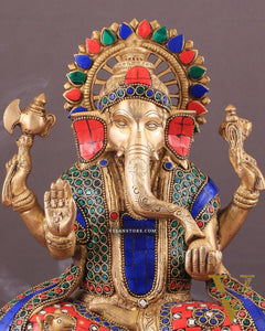 Pure Brass Lord Ganesha on Lotus statue | 11 Inch meenakari