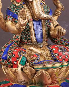 Pure Brass Lord Ganesha on Lotus statue | 11 Inch meenakari