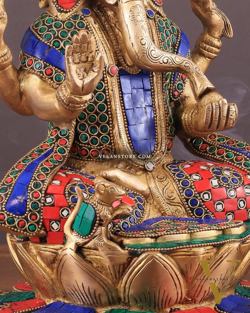 Pure Brass Lord Ganesha on Lotus statue | 11 Inch meenakari